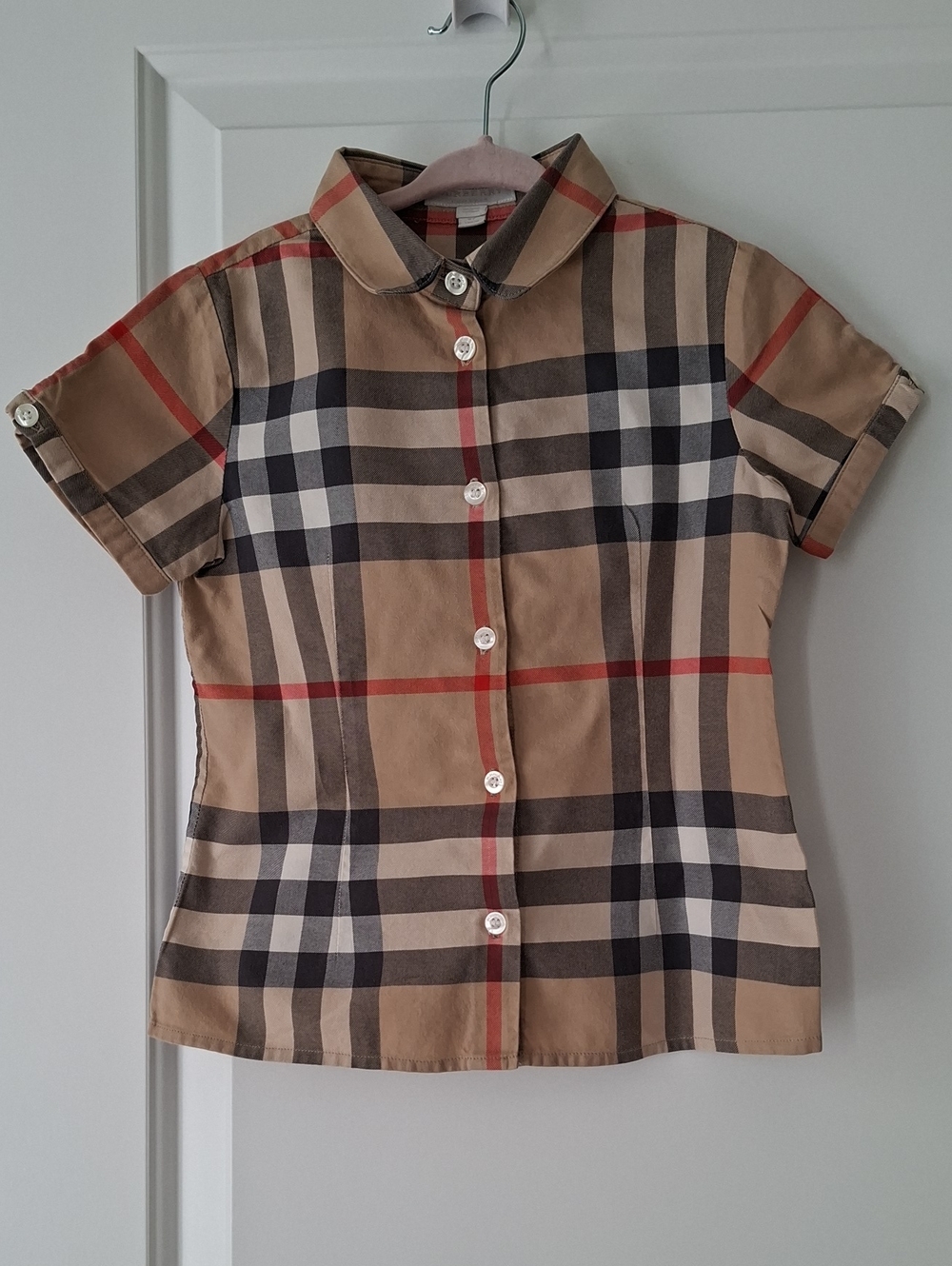 Burberry Girl Beige Plaid Short-Sleeve Button-Down Cotton Colar Shirt size 6